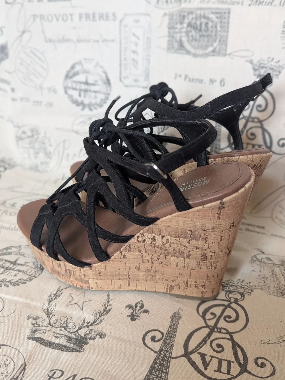 Mossimo Supply Co. Black Lace-Up Cork Wedge Sandals Size 8.5